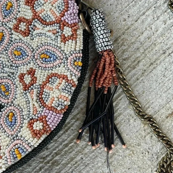 Anthropologie Florence Beaded Round Pouch Crossbody Purse Bag Boho Bohemian - Picture 3 of 7